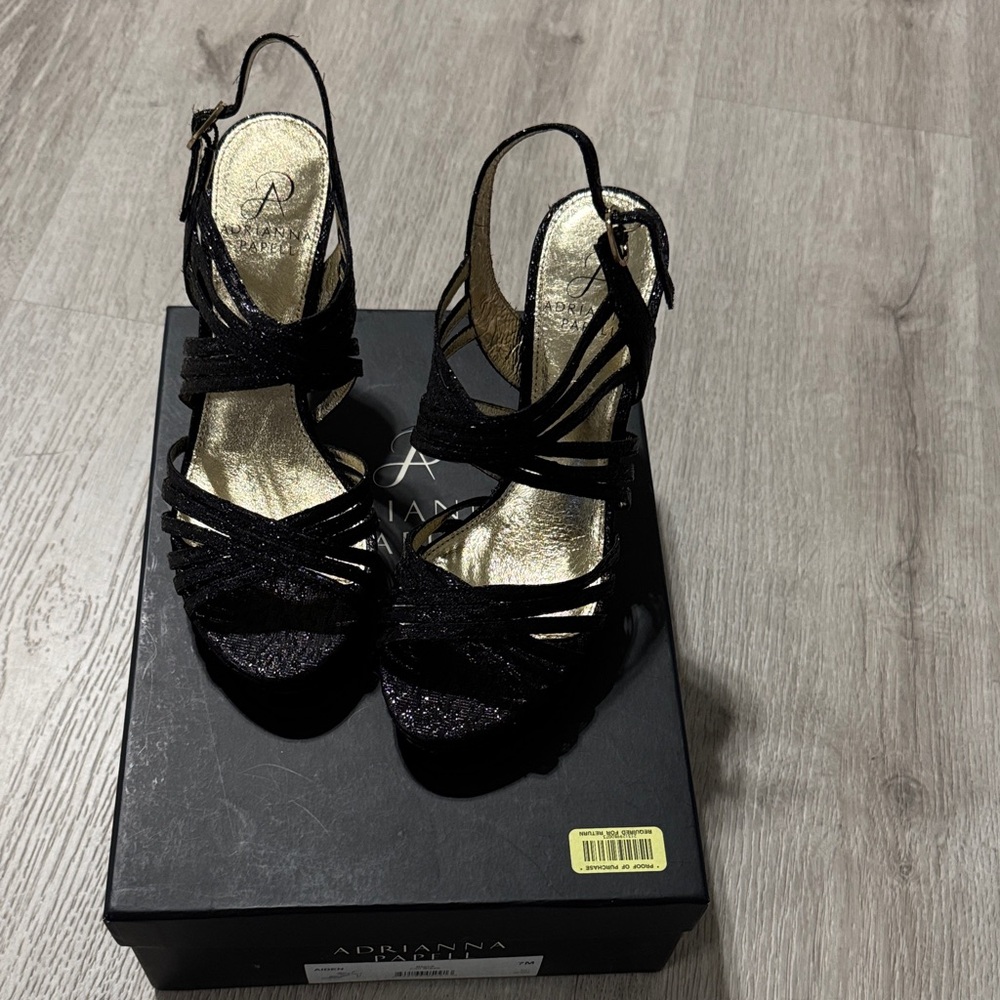 Adrianna Papell Glittery Black Strappy Heels